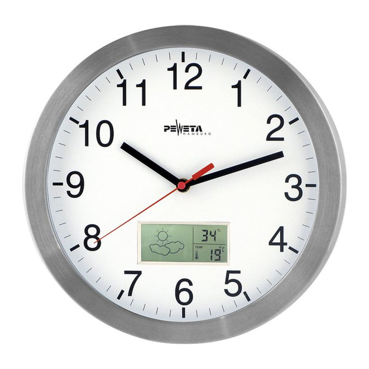 PEWETA Uhren Funkuhr aus Aluminium mit Thermometer und Hygrometer, rund, Silber/Weiß, Durchmesser: 30 cm - Bild 1