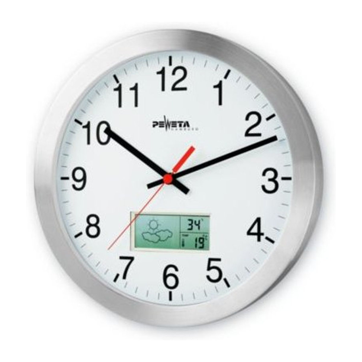 PEWETA Uhren Funkuhr aus Aluminium mit Thermometer und Hygrometer, rund, Silber/Weiß, Durchmesser: 30 cm - Bild 2