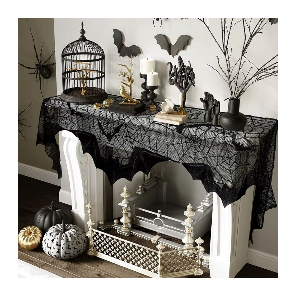 PGY Halloween Kaminsims-Schal aus schwarzer Spitze im Spinnennetz-Design zur Innenraumdekoration - Bild 1