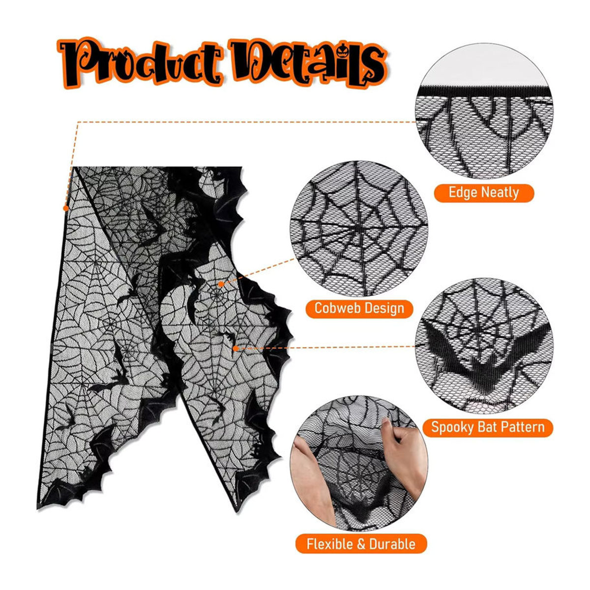 PGY Halloween Kaminsims-Schal aus schwarzer Spitze im Spinnennetz-Design zur Innenraumdekoration - Bild 2