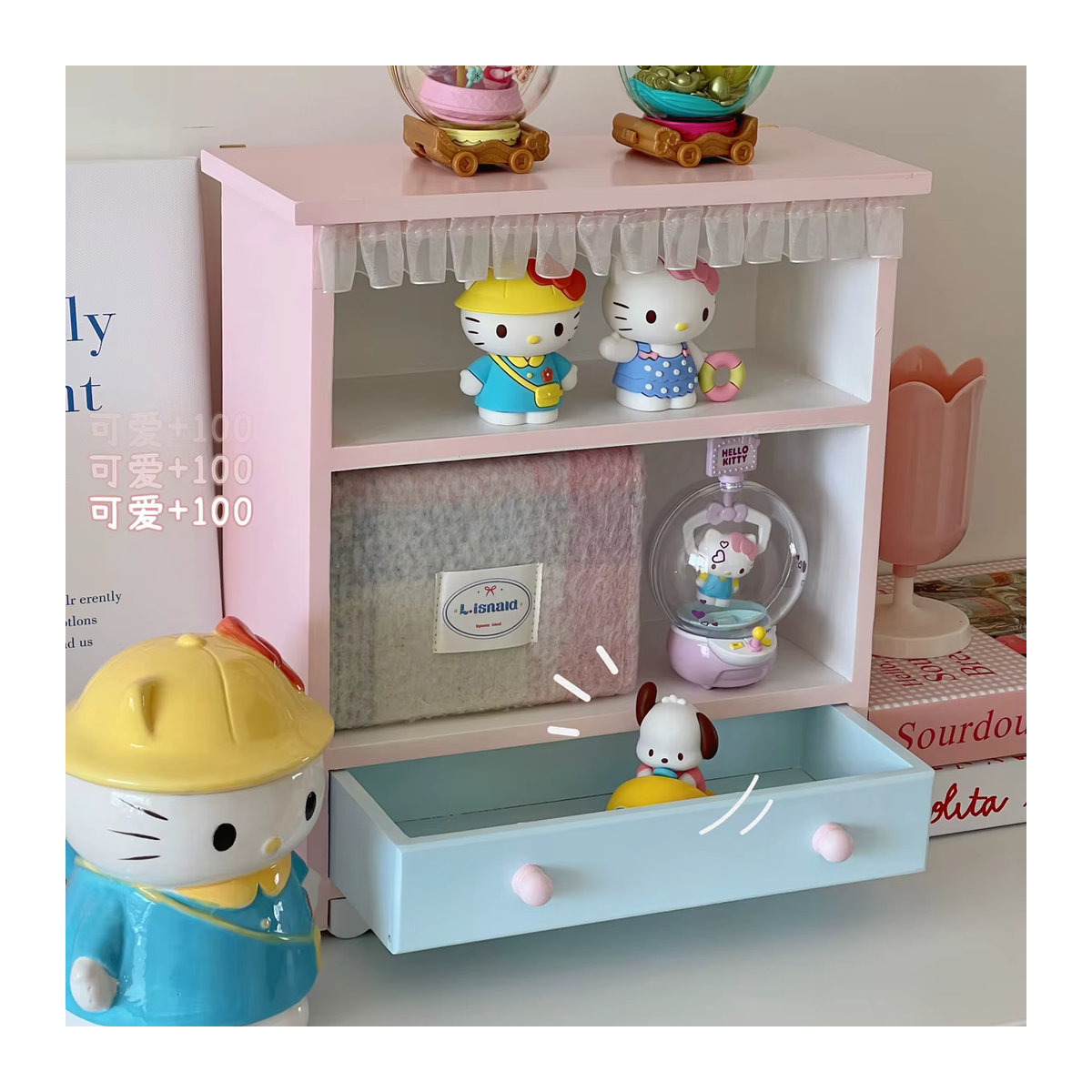 PGY Holz Display Schrank in Rosa als zweistufiges Desktop-Regal für Kosmetik, Parfüm und Ornamente im Landhausstil - Bild 2
