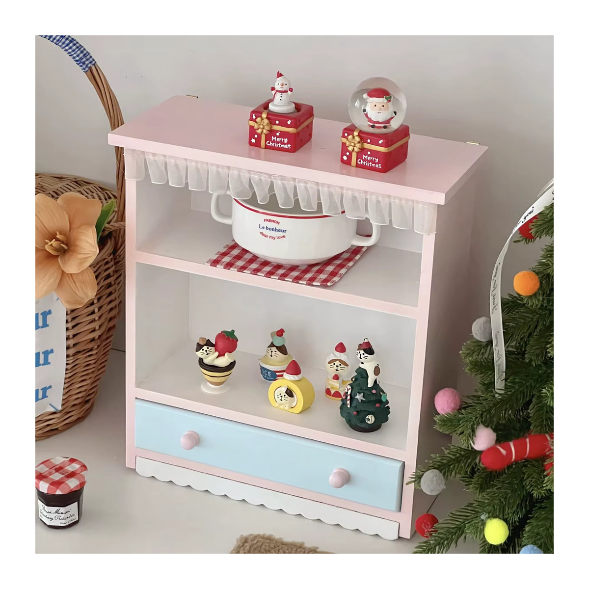 PGY Holz Display Schrank in Rosa als zweistufiges Desktop-Regal für Kosmetik, Parfüm und Ornamente im Landhausstil - Bild 4