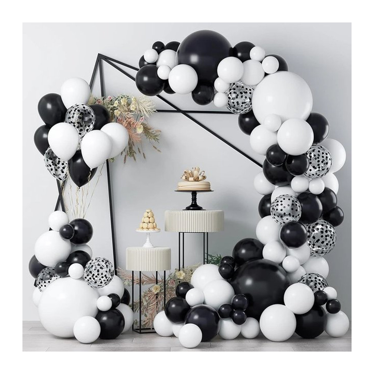PGY Luftballon-Girlandenbogen-Set aus Latex in Weiß und Schwarz mit schwarzem Konfetti für Hochzeit, Geburtstag und Partydekoration - Bild 1