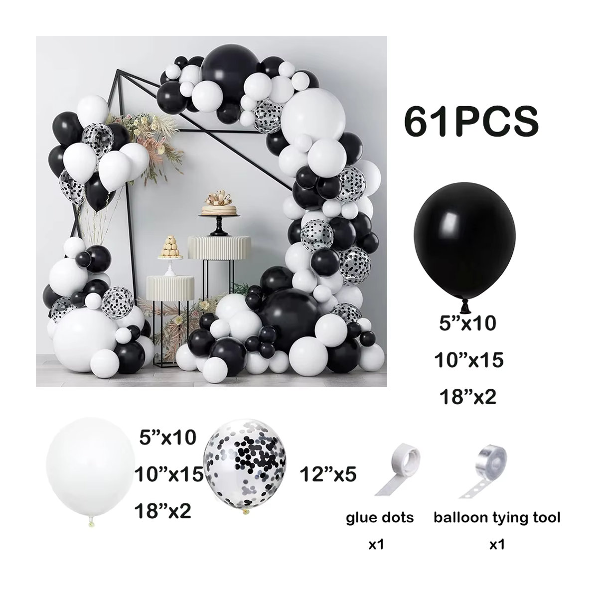 PGY Luftballon-Girlandenbogen-Set aus Latex in Weiß und Schwarz mit schwarzem Konfetti für Hochzeit, Geburtstag und Partydekoration - Bild 4