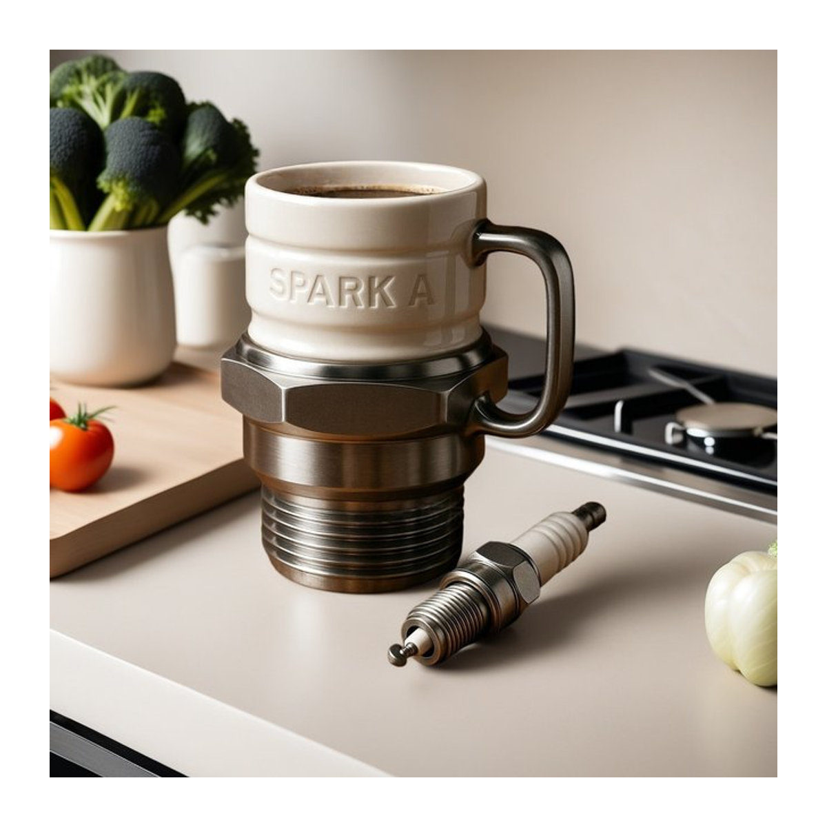 PGY Zündkerzen-Kaffeetasse aus Keramik in Weiß mit industriellem Motordesign - Bild 1