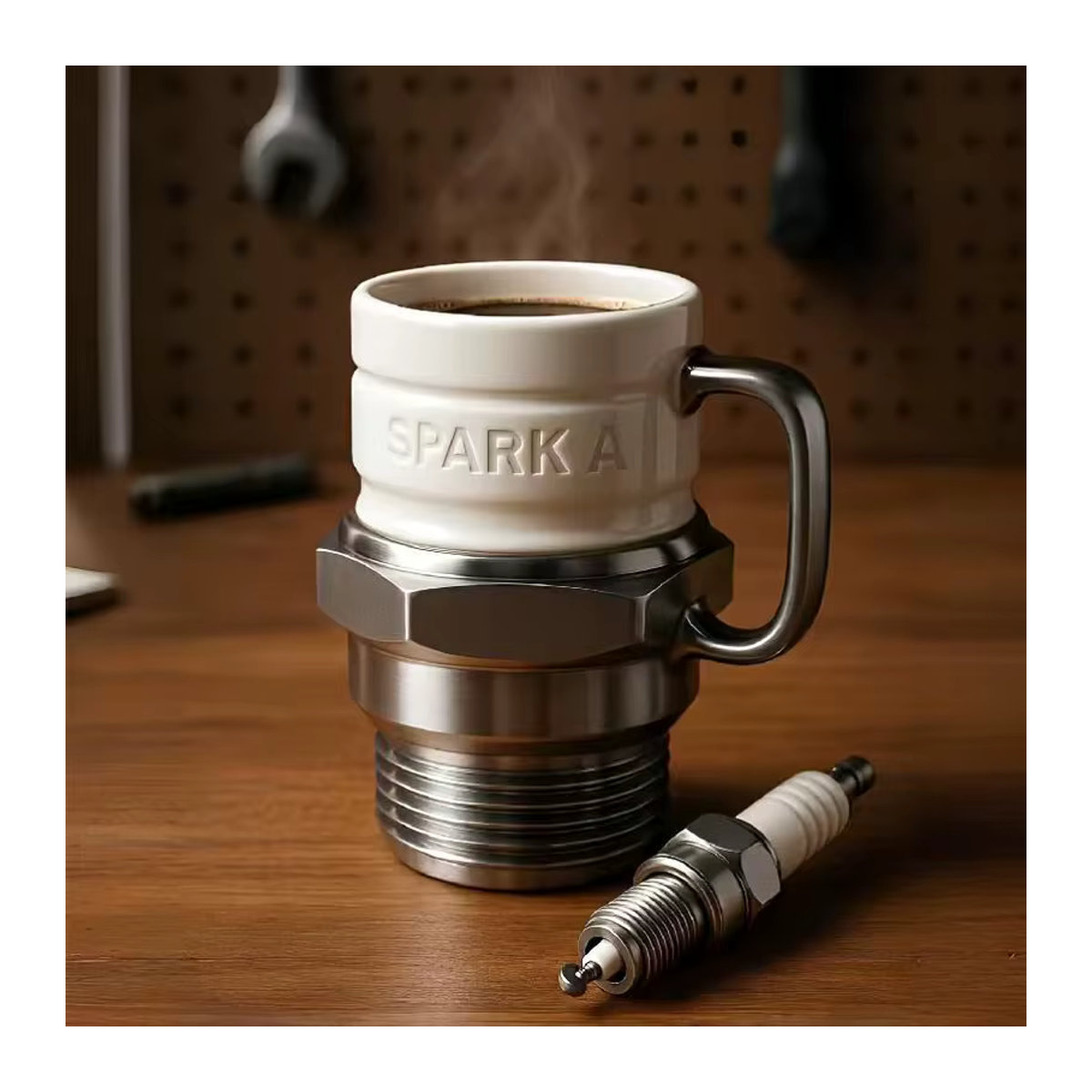 PGY Zündkerzen-Kaffeetasse aus Keramik in Weiß mit industriellem Motordesign - Bild 2