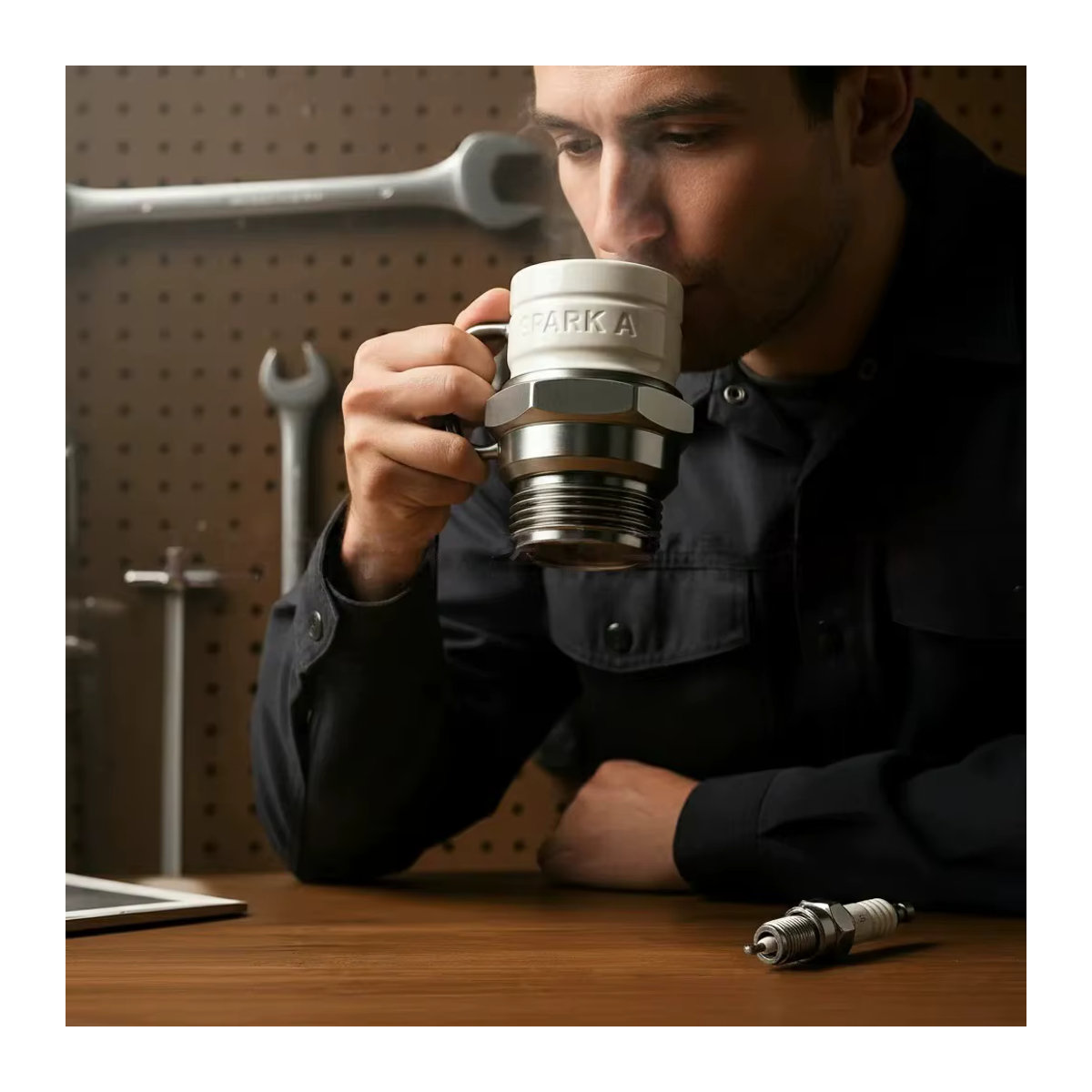 PGY Zündkerzen-Kaffeetasse aus Keramik in Weiß mit industriellem Motordesign - Bild 4