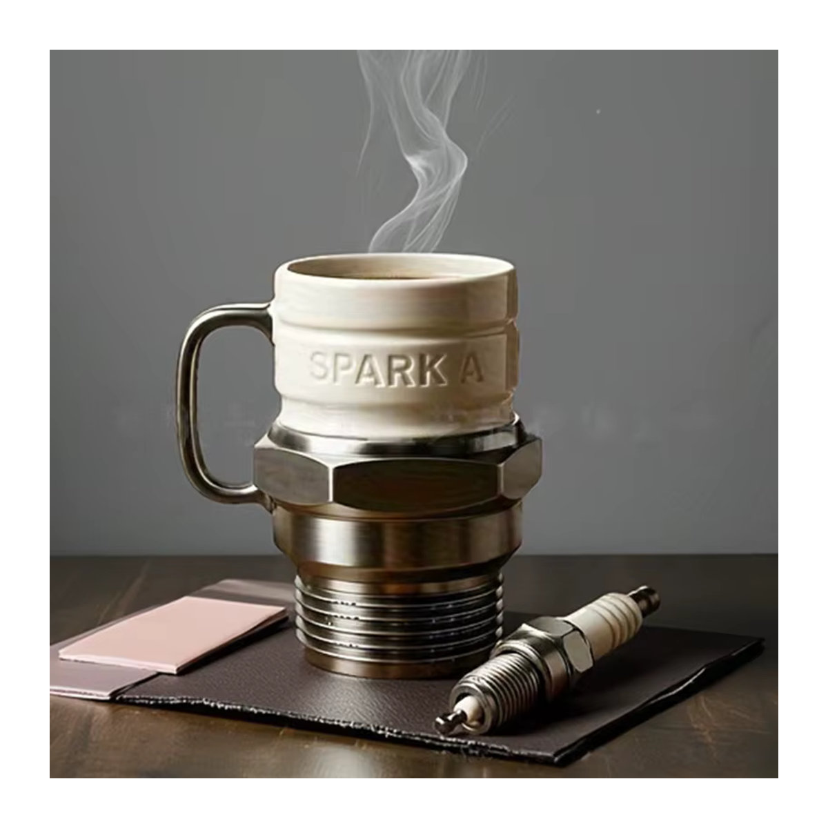 PGY Zündkerzen-Kaffeetasse aus Keramik in Weiß mit industriellem Motordesign - Bild 6