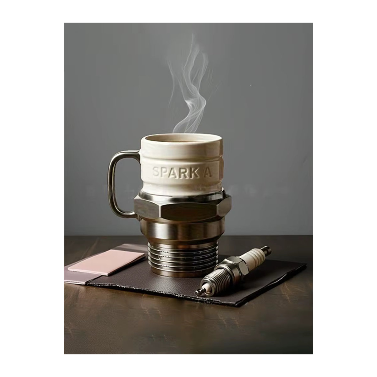 PGY Zündkerzen-Kaffeetasse aus Keramik in Weiß mit industriellem Motordesign - Bild 7