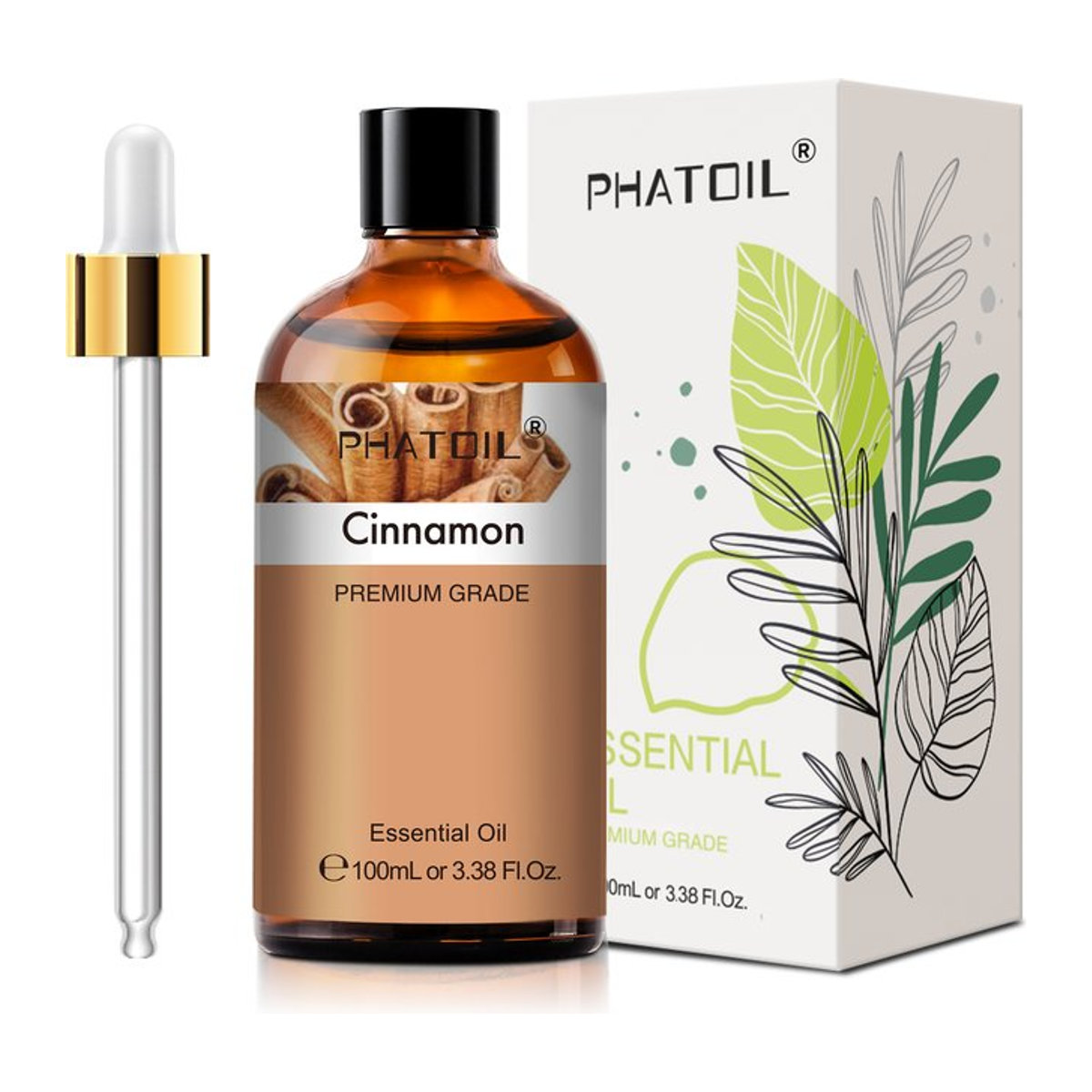 PHATOIL Premium ätherische Öle Set, 100 ml, Sorten: Zimt, Rosmarin, Grapefruit, Ingwer, reines Aromatherapie-Öl für Diffusor und DIY-Seife, braune Glasflaschen - Bild 1