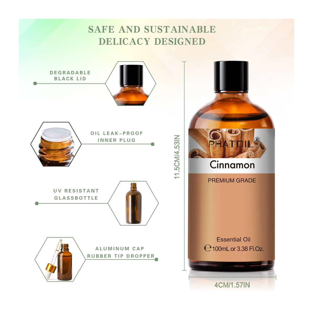 PHATOIL Premium ätherische Öle Set, 100 ml, Sorten: Zimt, Rosmarin, Grapefruit, Ingwer, reines Aromatherapie-Öl für Diffusor und DIY-Seife, braune Glasflaschen - Bild 2