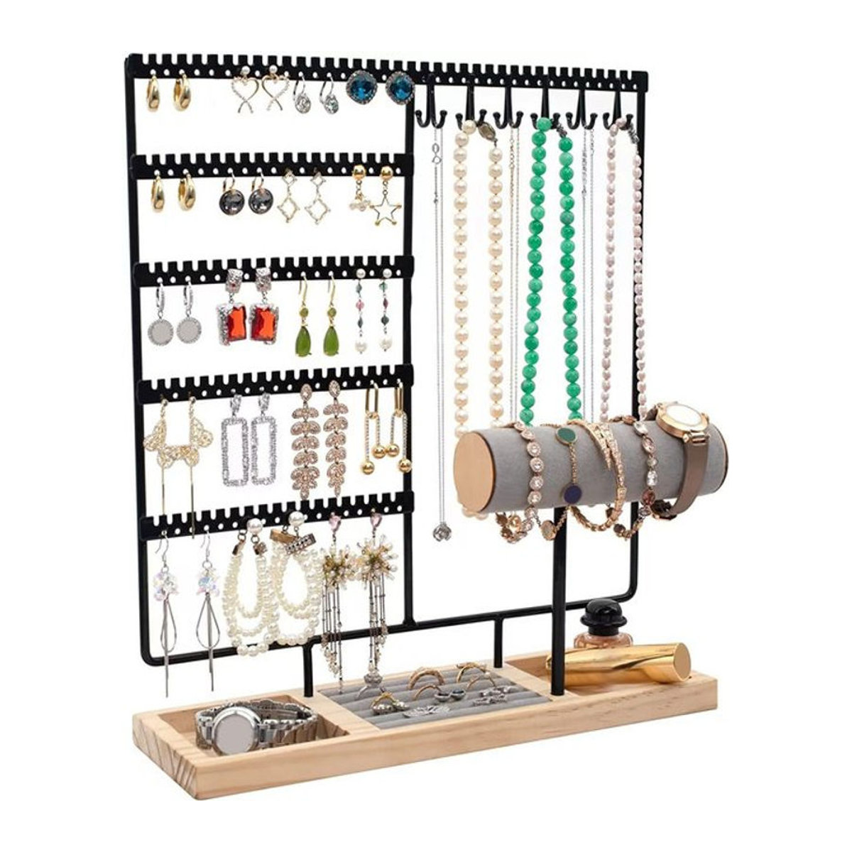 Phenovo Schmuck Display Rack aus Metall in Schwarz mit Schmucktablett zur Organisation von Ohrringen, Ringen, Halsketten, Uhren und Armbändern - Bild 1