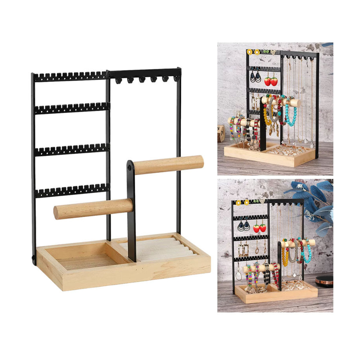 Phenovo Schmuck Display Rack aus Metall in Schwarz mit Schmucktablett zur Organisation von Ohrringen, Ringen, Halsketten, Uhren und Armbändern - Bild 4