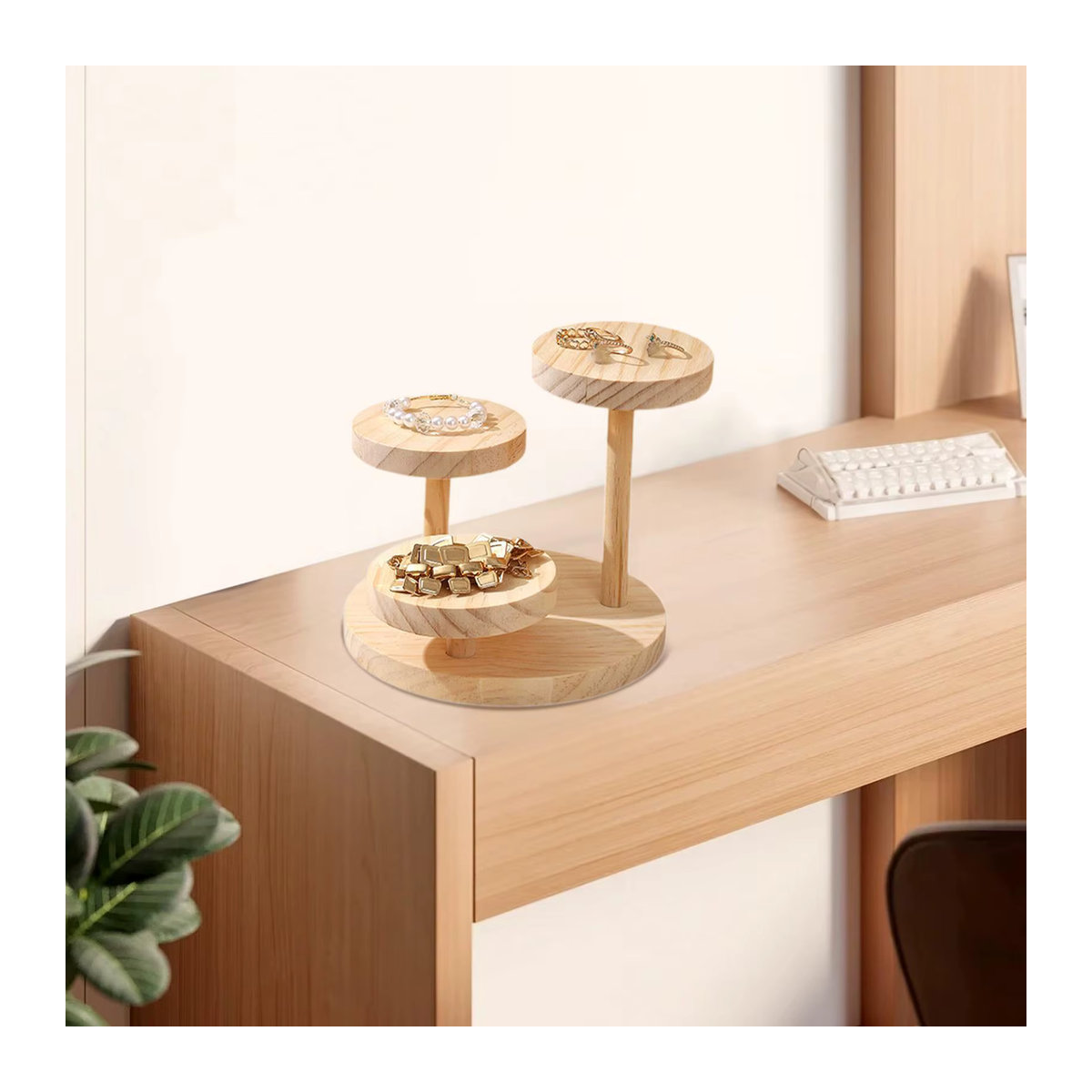 Phenovo Schmuck Display Riser aus Massivholz, 3-stufiges rundes Regal in Beige für Uhren, Armbänder und Dekoration - Bild 2