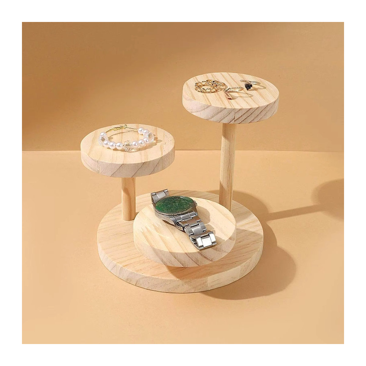 Phenovo Schmuck Display Riser aus Massivholz, 3-stufiges rundes Regal in Beige für Uhren, Armbänder und Dekoration - Bild 4