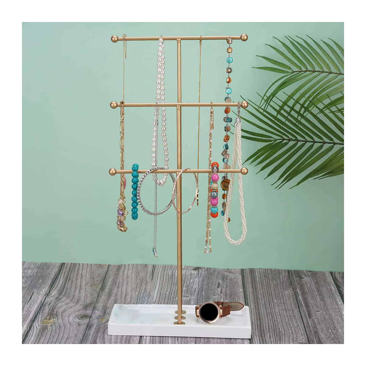 Phenovo Schmuckdisplay aus Metall mit 3 kaskadierenden Ebenen für Armbänder, Halsketten und Ohrringe, Rechteckig, B/T: 22,5 x 10 cm, Schwarz und Gold - Bild 2