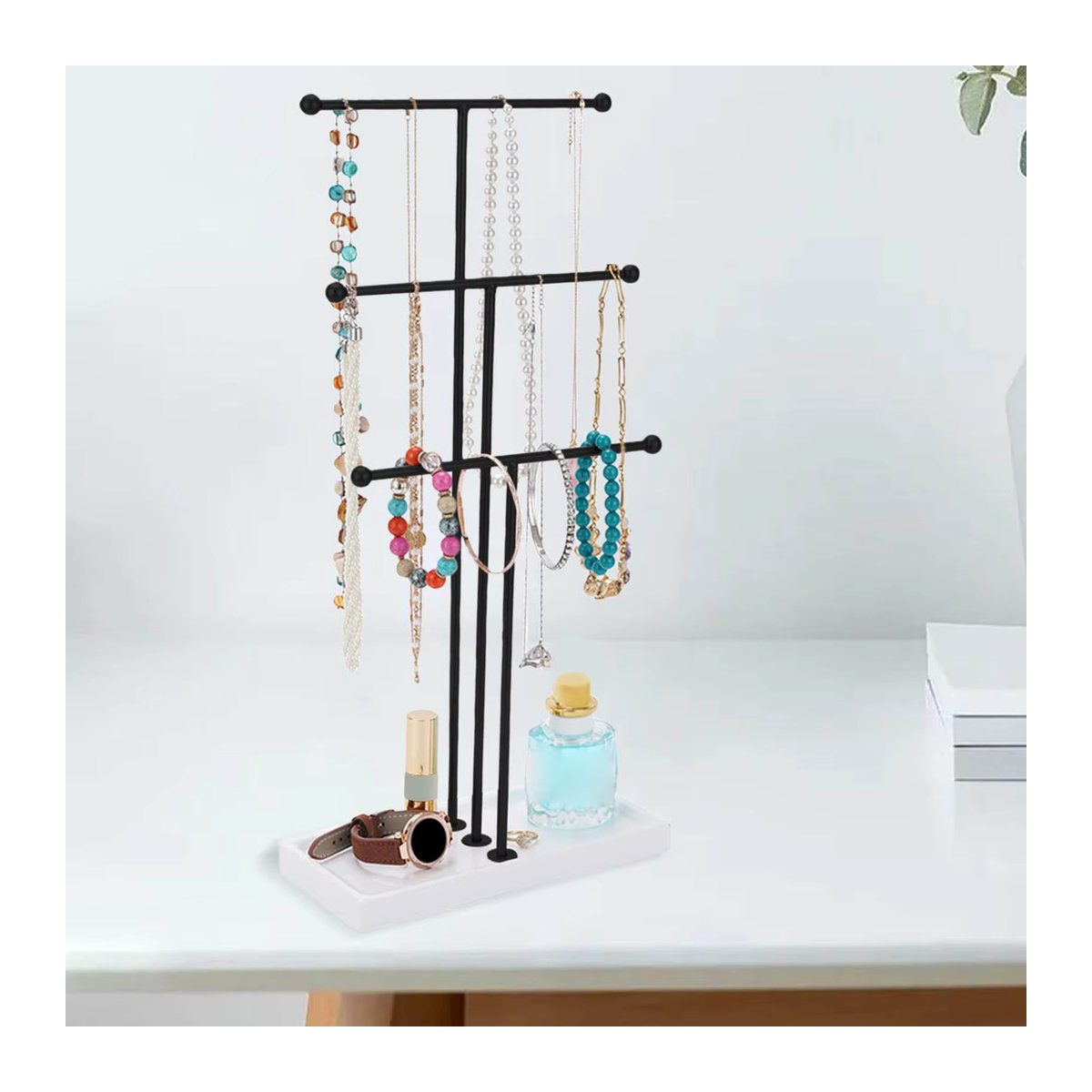 Phenovo Schmuckdisplay aus Metall mit 3 kaskadierenden Ebenen für Armbänder, Halsketten und Ohrringe, Rechteckig, B/T: 22,5 x 10 cm, Schwarz und Gold - Bild 3