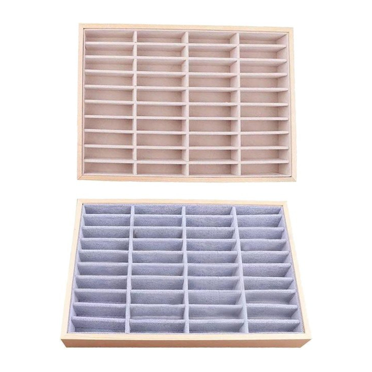 Phenovo Schmucktablett aus Samt und Holz in Grau mit 40 Fächern als rechteckiges Display für Ringe, Halsketten und Ohrringe - Bild 1
