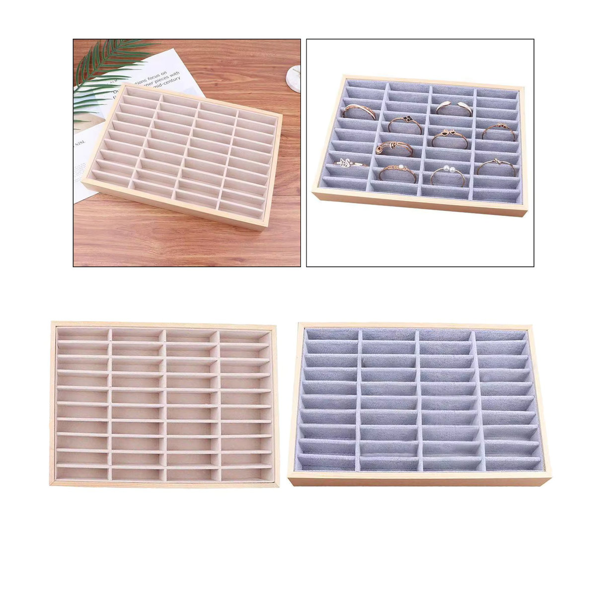 Phenovo Schmucktablett aus Samt und Holz in Grau mit 40 Fächern als rechteckiges Display für Ringe, Halsketten und Ohrringe - Bild 3