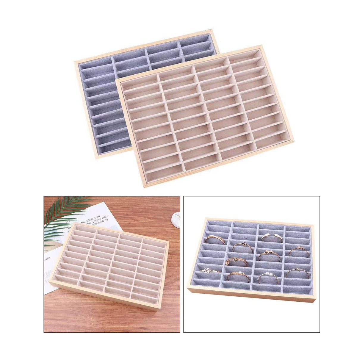 Phenovo Schmucktablett aus Samt und Holz in Grau mit 40 Fächern als rechteckiges Display für Ringe, Halsketten und Ohrringe - Bild 4