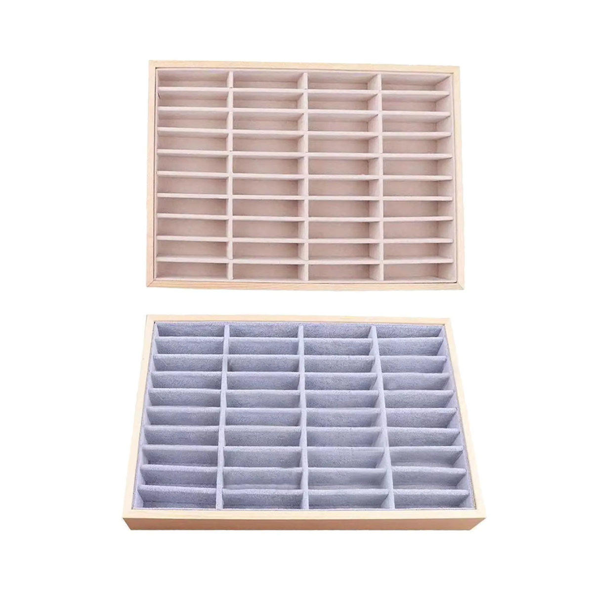 Phenovo Schmucktablett aus Samt und Holz in Grau mit 40 Fächern als rechteckiges Display für Ringe, Halsketten und Ohrringe - Bild 5