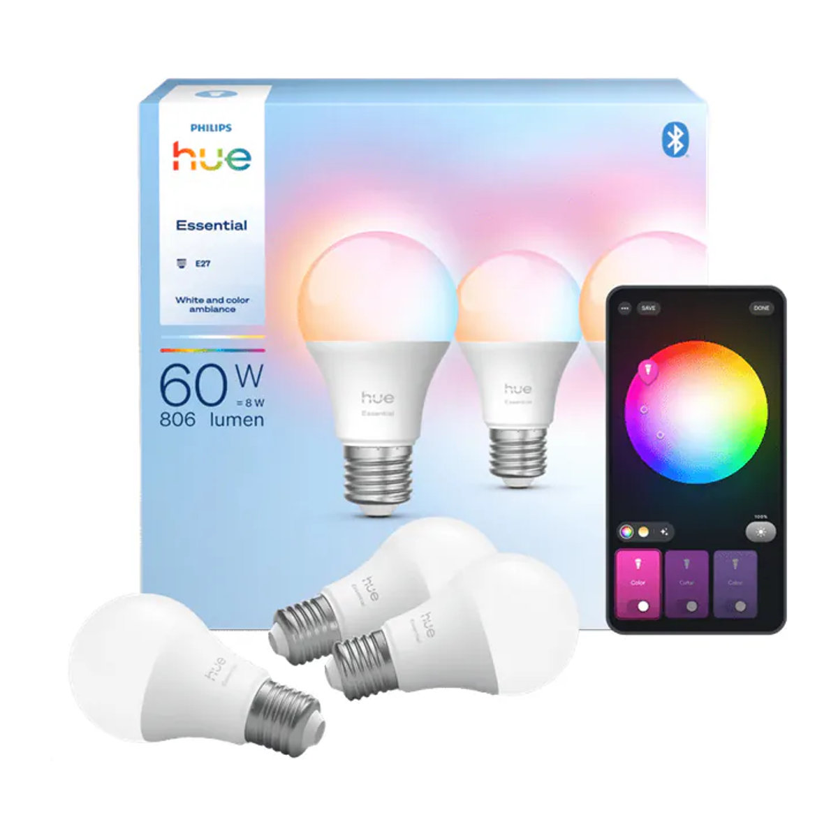 Philips Hue Essential White & Color Ambiance Smart-Lampe E27, 3er-Pack, Bunt - Bild 1