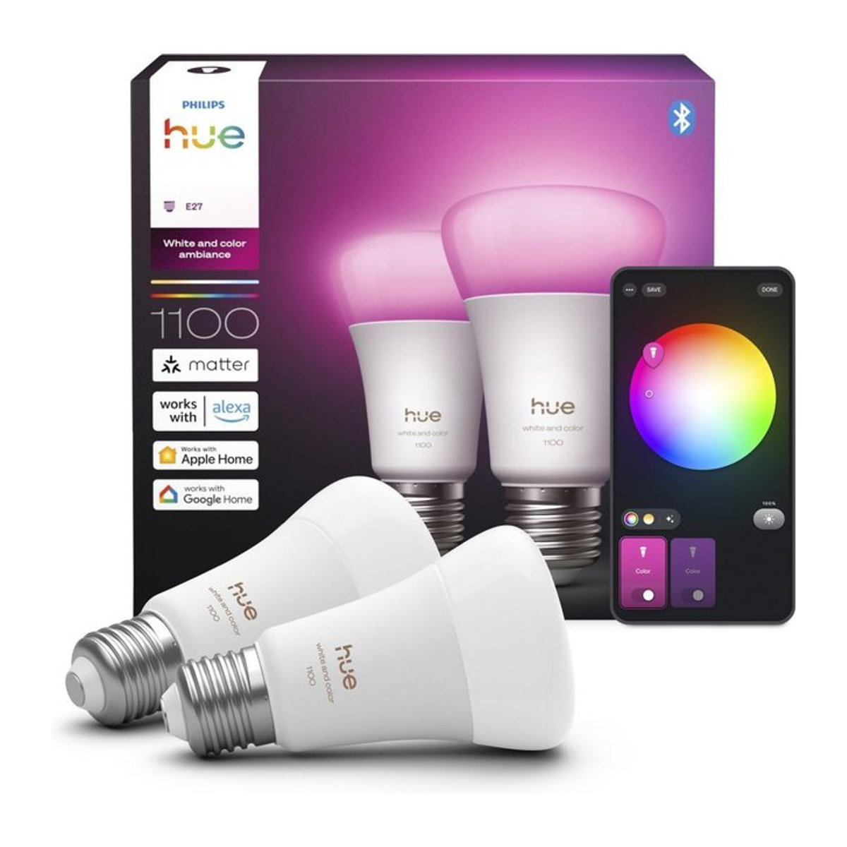 Philips Hue White & Color Ambiance Smart-Lampe E27, 1100 Lumen, Doppelpack, Weiß und Bunt - Bild 1