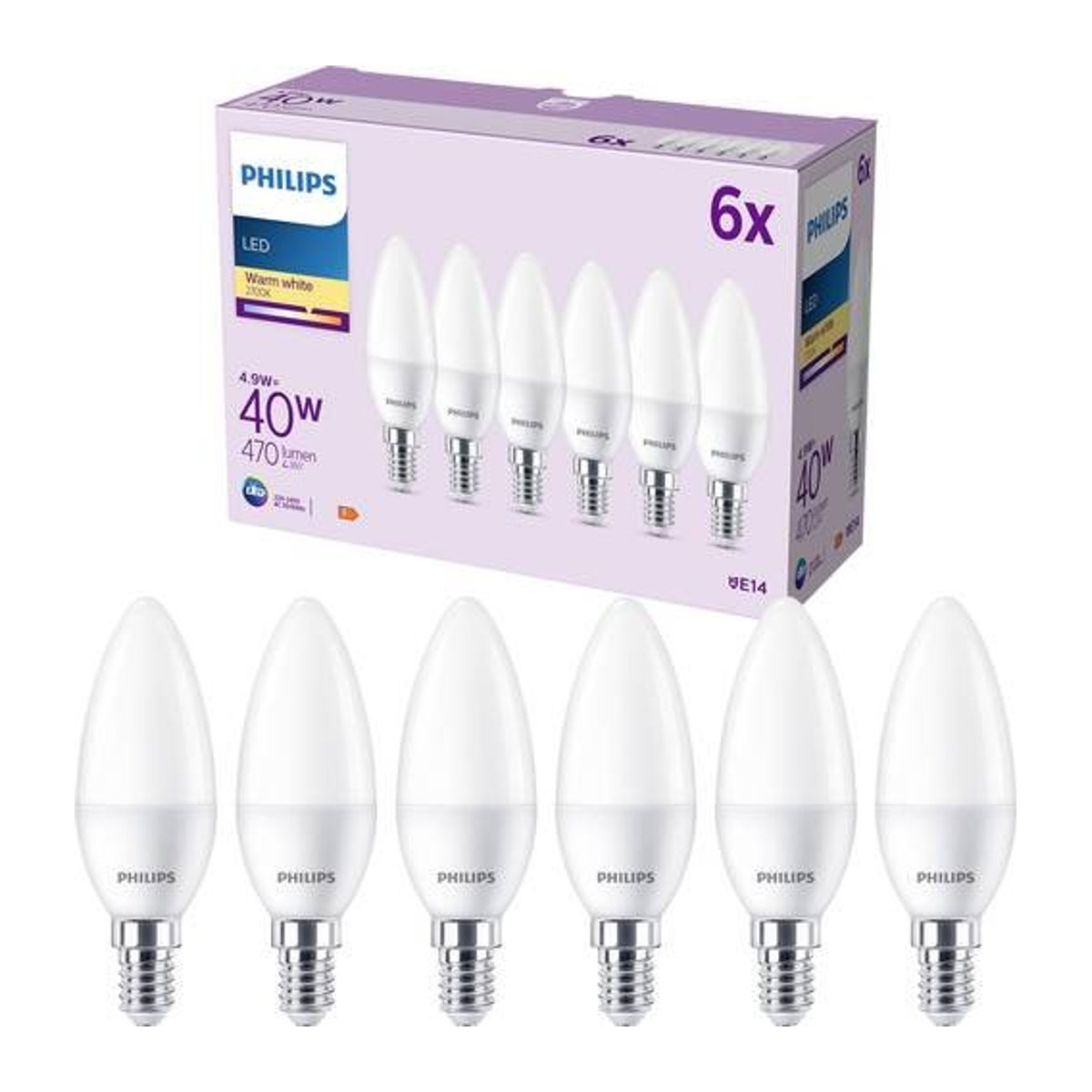 Philips LED Kerzenlampe E14 Warmweiß 4,9W (entspricht 40W) 6er Pack - Bild 1