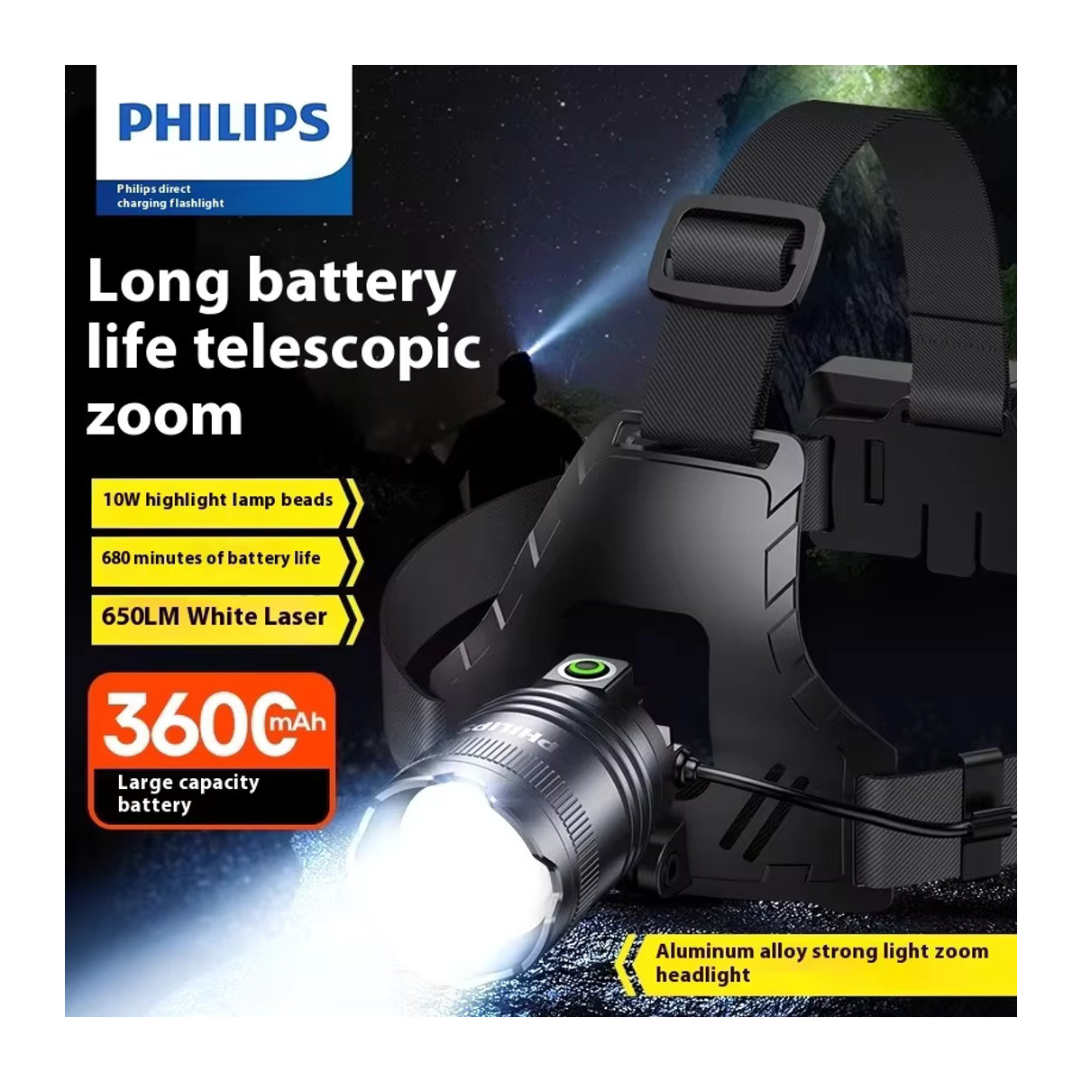 Philips SFL3341 Kopf-Taschenlampe mit 10 W und 3600 mAh Akku, zoombare Stirnlampe für Outdoor, Nachtangeln und Mining - Bild 2