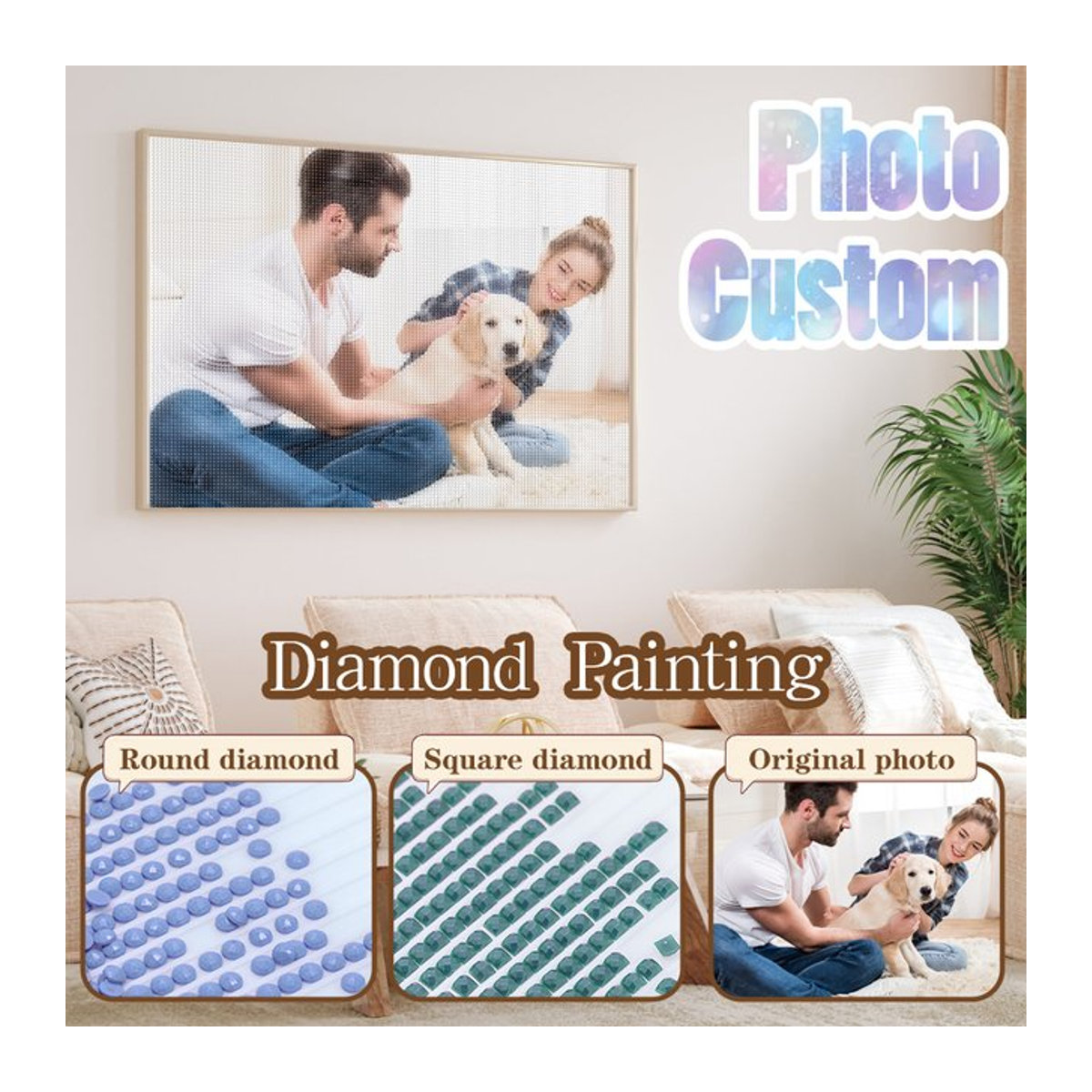 PhotoCustom Diamantmalerei Set 5D mit quadratischen oder runden Diamanten zur Personalisierung deines eigenen Bildes als DIY Kreuzstich Stickerei in Mehrfarbig - Bild 1