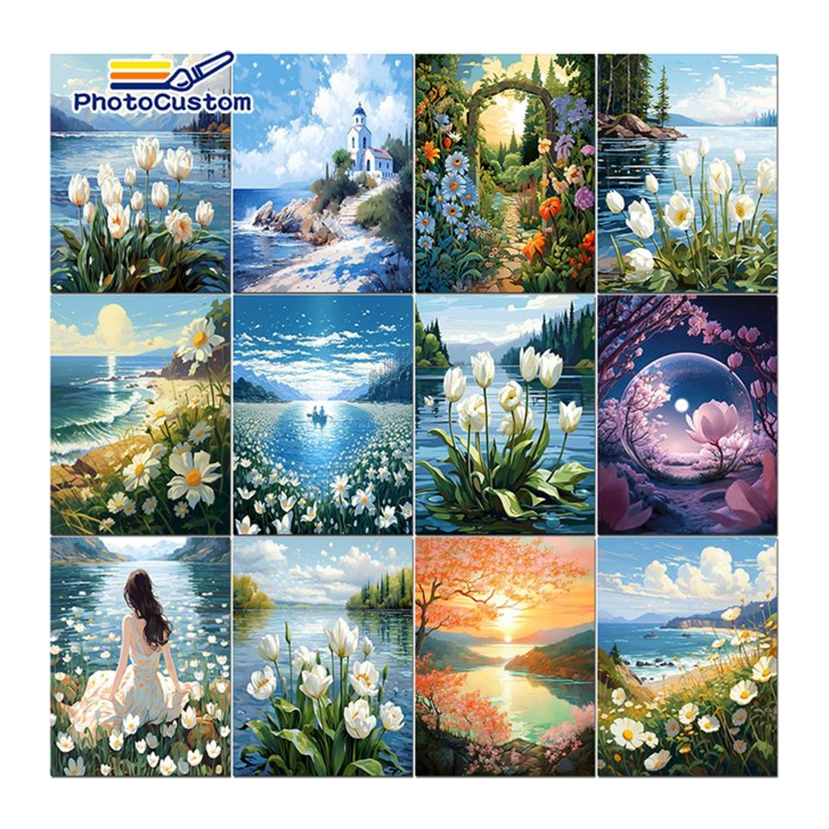 PhotoCustom Malen nach Zahlen Set mit Blumenlandschaft auf Leinwand, DIY Acrylmalerei Kit im Querformat, Mehrfarbig - Bild 1
