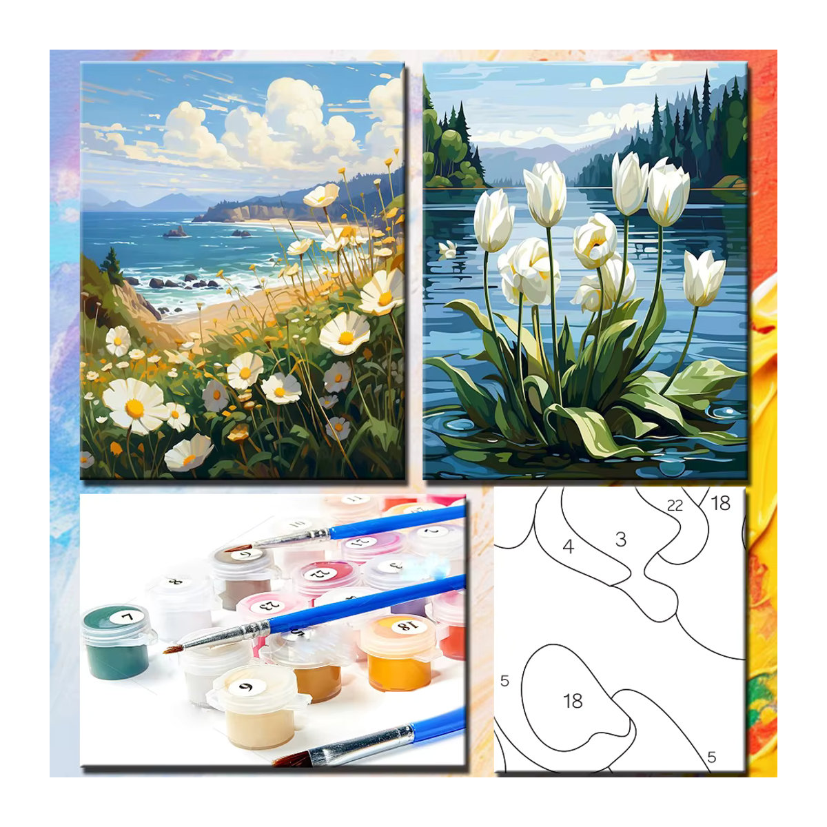 PhotoCustom Malen nach Zahlen Set mit Blumenlandschaft auf Leinwand, DIY Acrylmalerei Kit im Querformat, Mehrfarbig - Bild 2