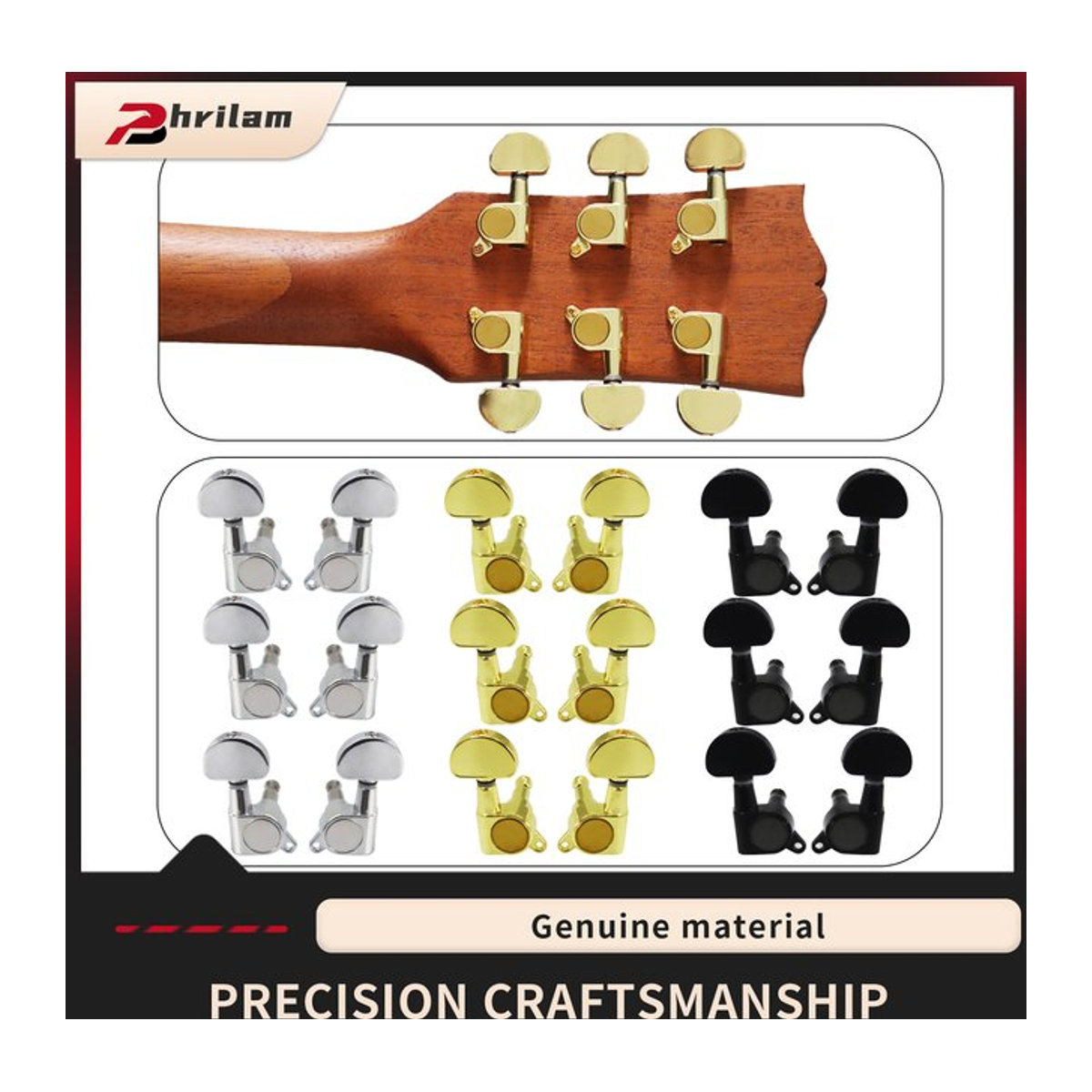 Phrilam Versiegelte Stimmwirbel für E-Gitarren und Akustikgitarren, halbrund, Chrom, 3er-Set, links - Bild 1
