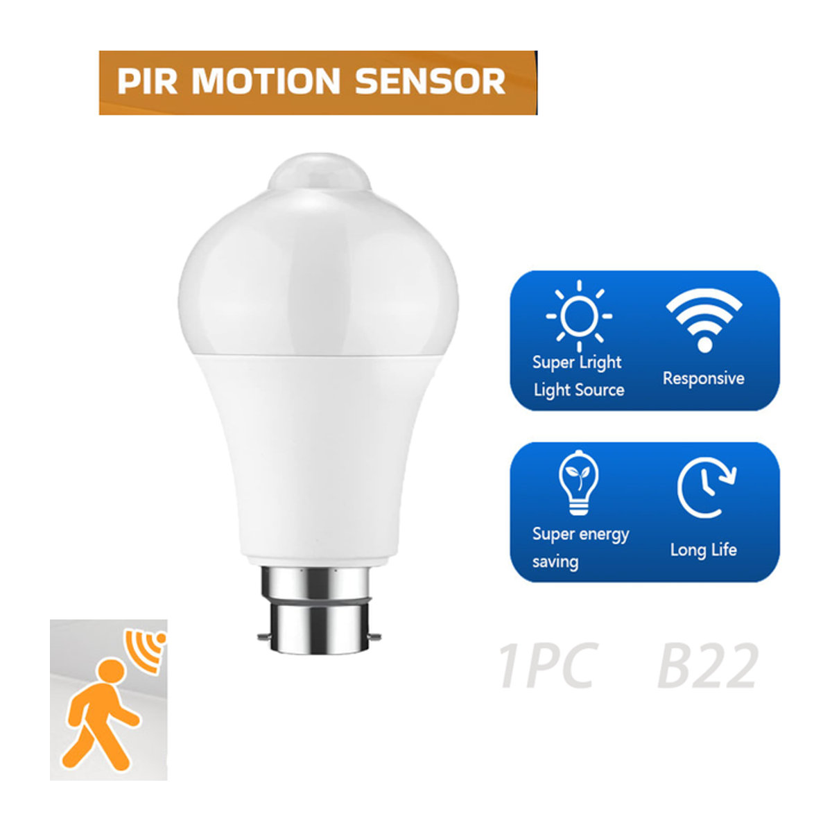 PIBAOGU LED Glühbirne mit PIR Bewegungssensor B22, 20W, Kaltweiß, Weiß - Bild 1