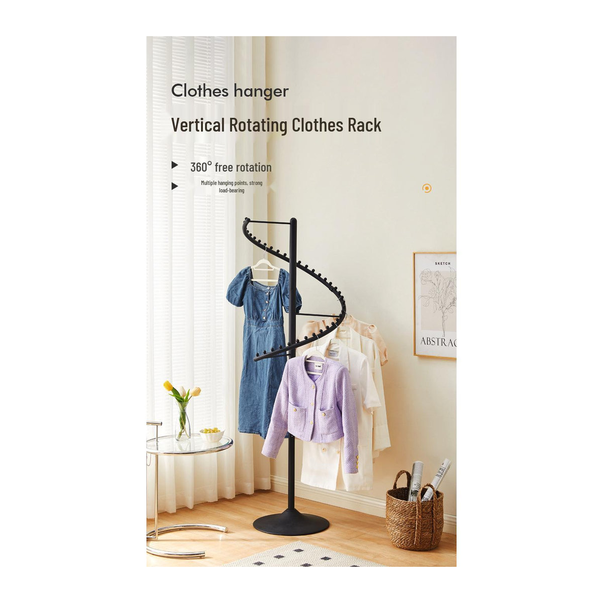 Pickerr Garderobenständer Modern aus Metall, 360 Grad drehbarer Kleiderständer mit Kleiderbügeln für Mäntel und Hosen, Farbe: Gold/Schwarz - Bild 5