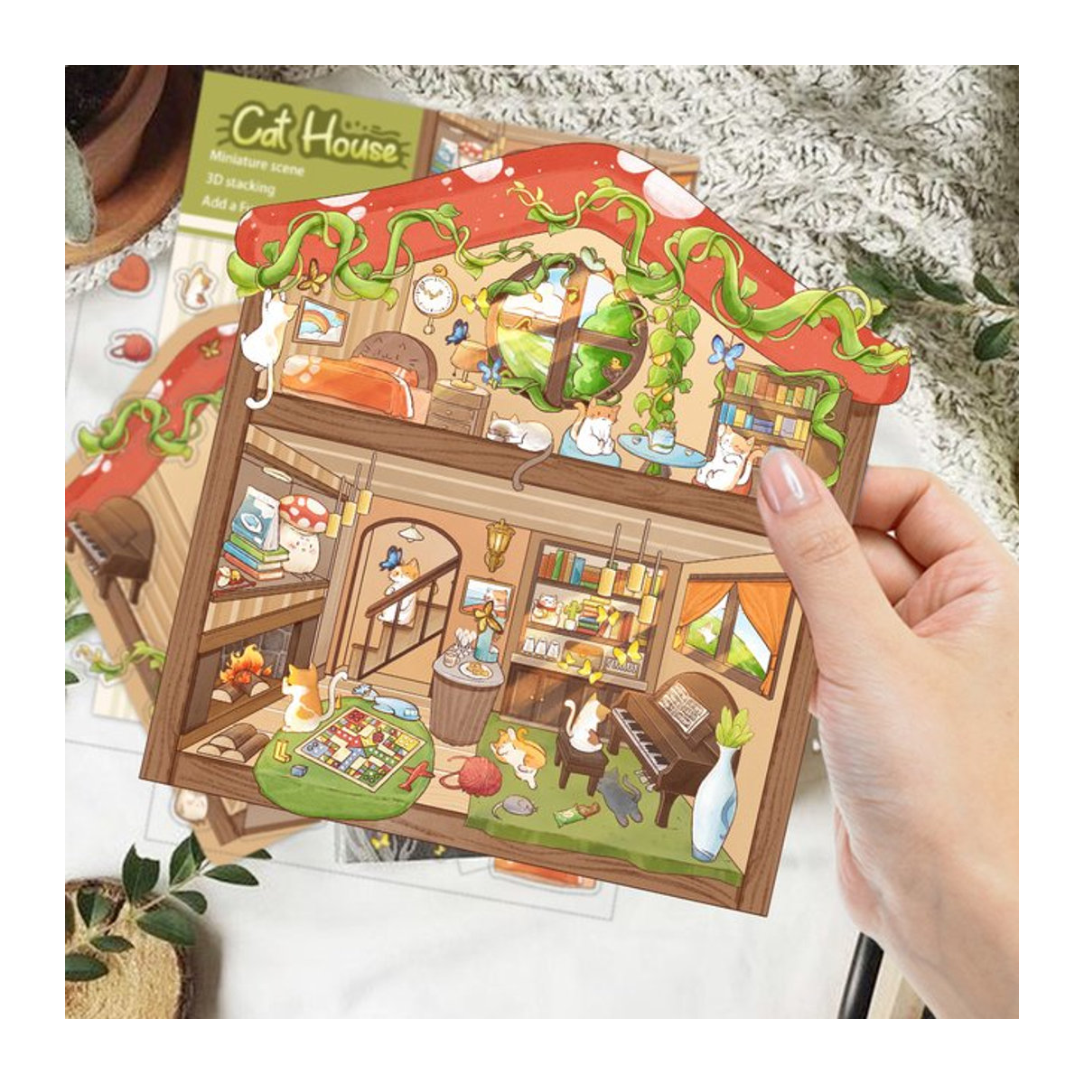 PickJoy DIY 3D Katze Hütte Wandkunst Relief Aufkleber, mehrfarbig - Bild 1