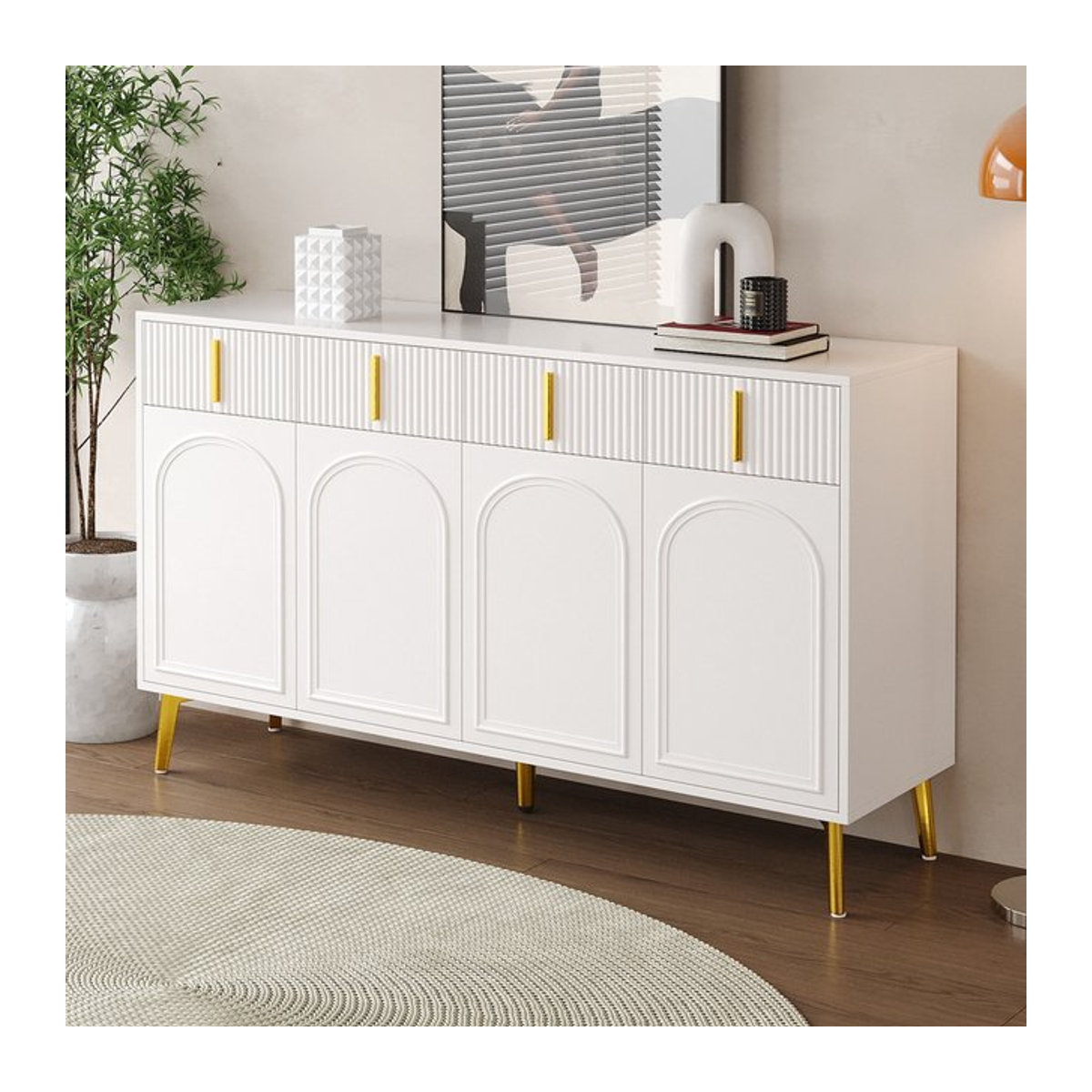 PINGGO Beistellschrank in Weiß mit goldenen Griffen und Beinen, 4 Türen und 4 Schubladen, Glamour Design mit abnehmbarer Laminatplatte für dein Wohn- oder Esszimmer - Bild 1