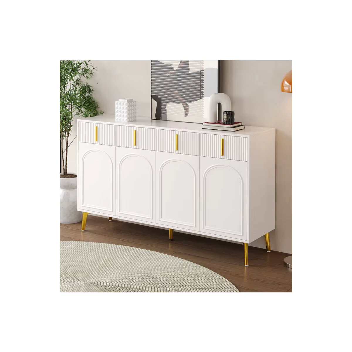 PINGGO Beistellschrank in Weiß mit goldenen Griffen und Beinen, 4 Türen und 4 Schubladen, Glamour Design mit abnehmbarer Laminatplatte für dein Wohn- oder Esszimmer - Bild 3