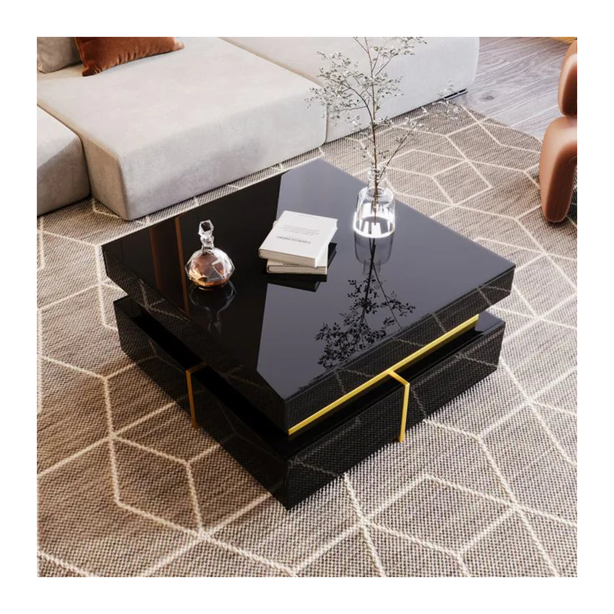 PINGGO Couchtisch in Schwarz mit Schubladen und goldenen Akzenten, moderner quadratischer Beistelltisch aus Holzwerkstoff, B/T/H: 70 x 70 x 35,5 cm - Bild 1