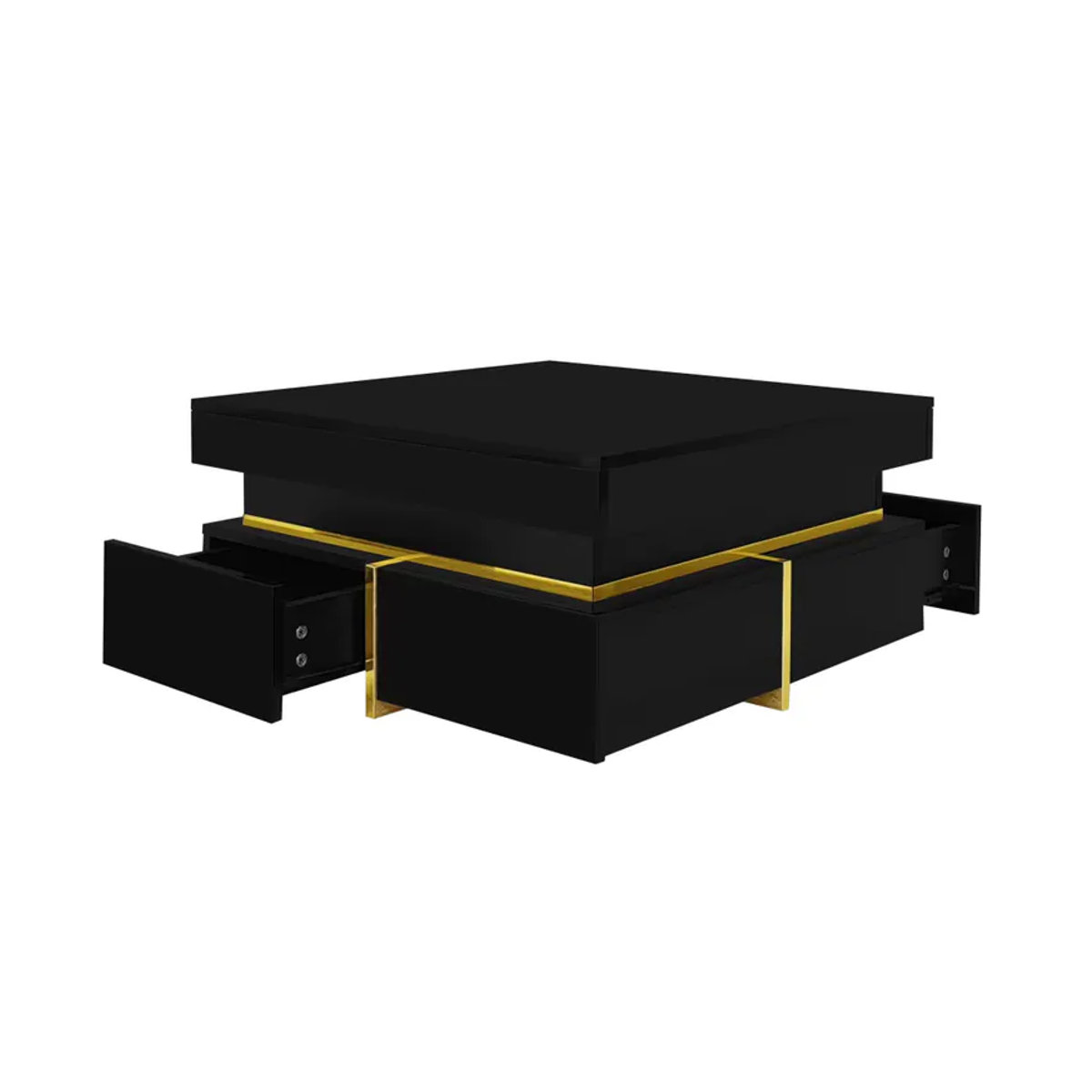 PINGGO Couchtisch in Schwarz mit Schubladen und goldenen Akzenten, moderner quadratischer Beistelltisch aus Holzwerkstoff, B/T/H: 70 x 70 x 35,5 cm - Bild 4
