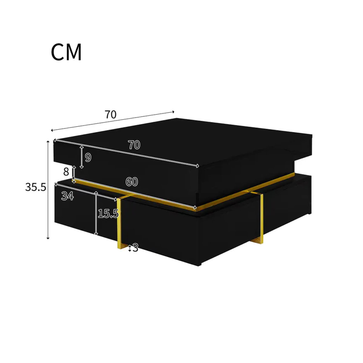 PINGGO Couchtisch in Schwarz mit Schubladen und goldenen Akzenten, moderner quadratischer Beistelltisch aus Holzwerkstoff, B/T/H: 70 x 70 x 35,5 cm - Bild 5