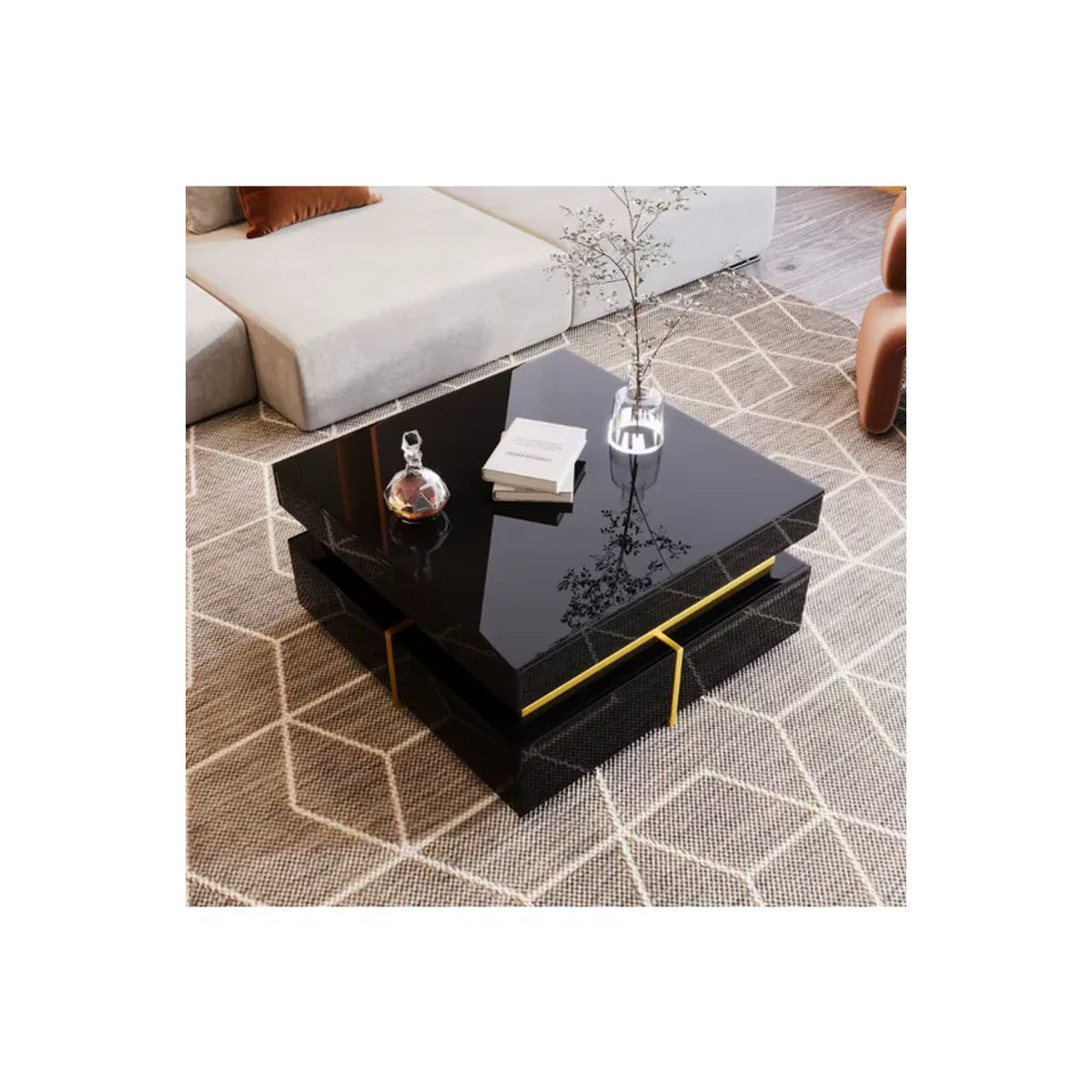 PINGGO Couchtisch in Schwarz mit Schubladen und goldenen Akzenten, moderner quadratischer Beistelltisch aus Holzwerkstoff, B/T/H: 70 x 70 x 35,5 cm - Bild 6