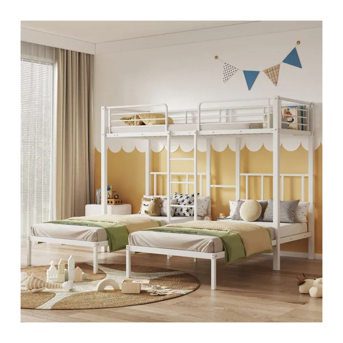 PINGGO Dreifach-Etagenbett aus Metall in Weiß mit Leiter und Sicherheitsgeländer, B/L: 90 x 200 cm - Bild 1