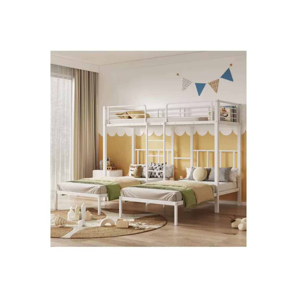 PINGGO Dreifach-Etagenbett aus Metall in Weiß mit Leiter und Sicherheitsgeländer, B/L: 90 x 200 cm - Bild 3
