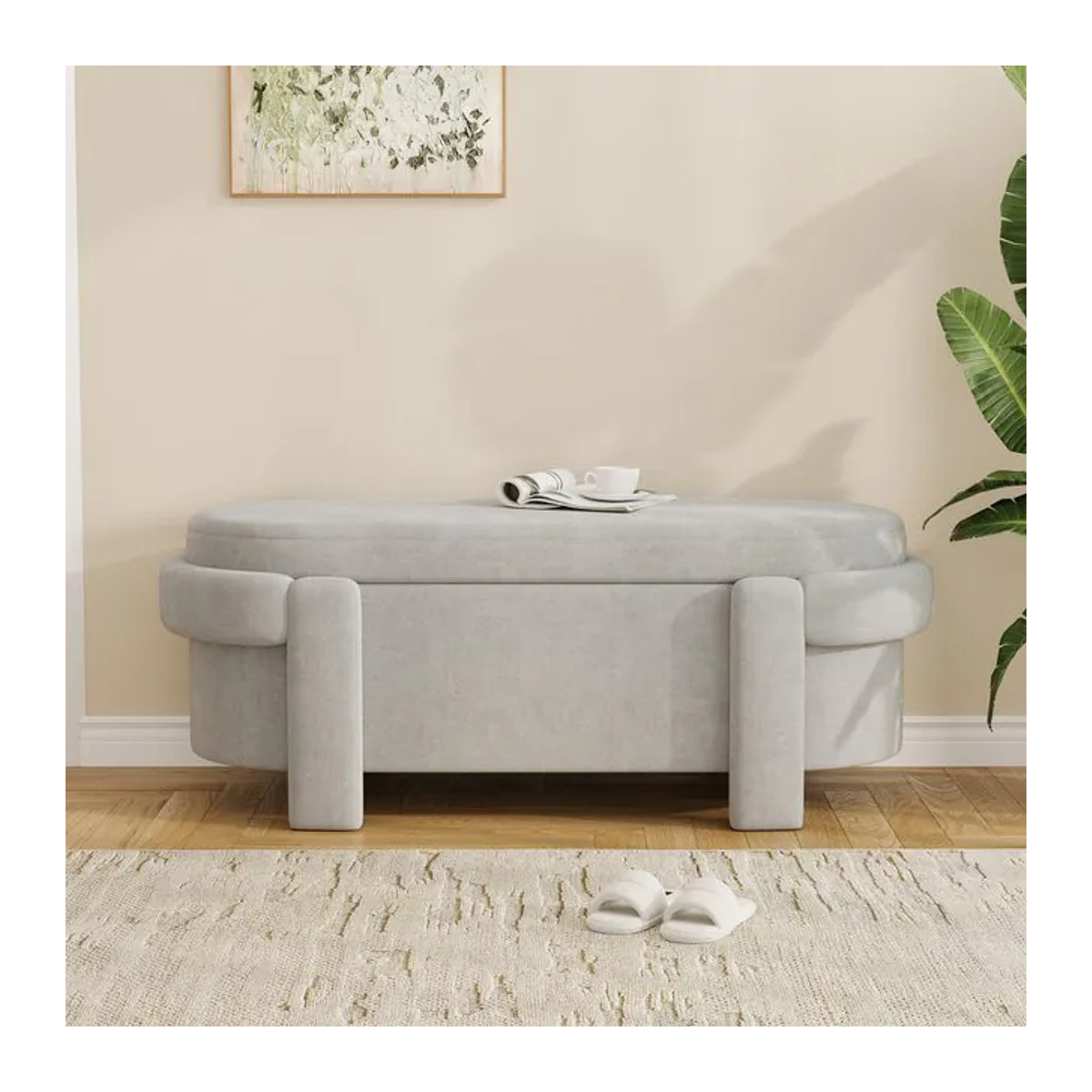 PINGGO Gepolsterte Aufbewahrungsbank mit Deckel in Grau, moderne Fleece-Sitzbox für Wohnzimmer und Schlafzimmer, B/T/H: 121,5 x 49 x 44,5 cm - Bild 1
