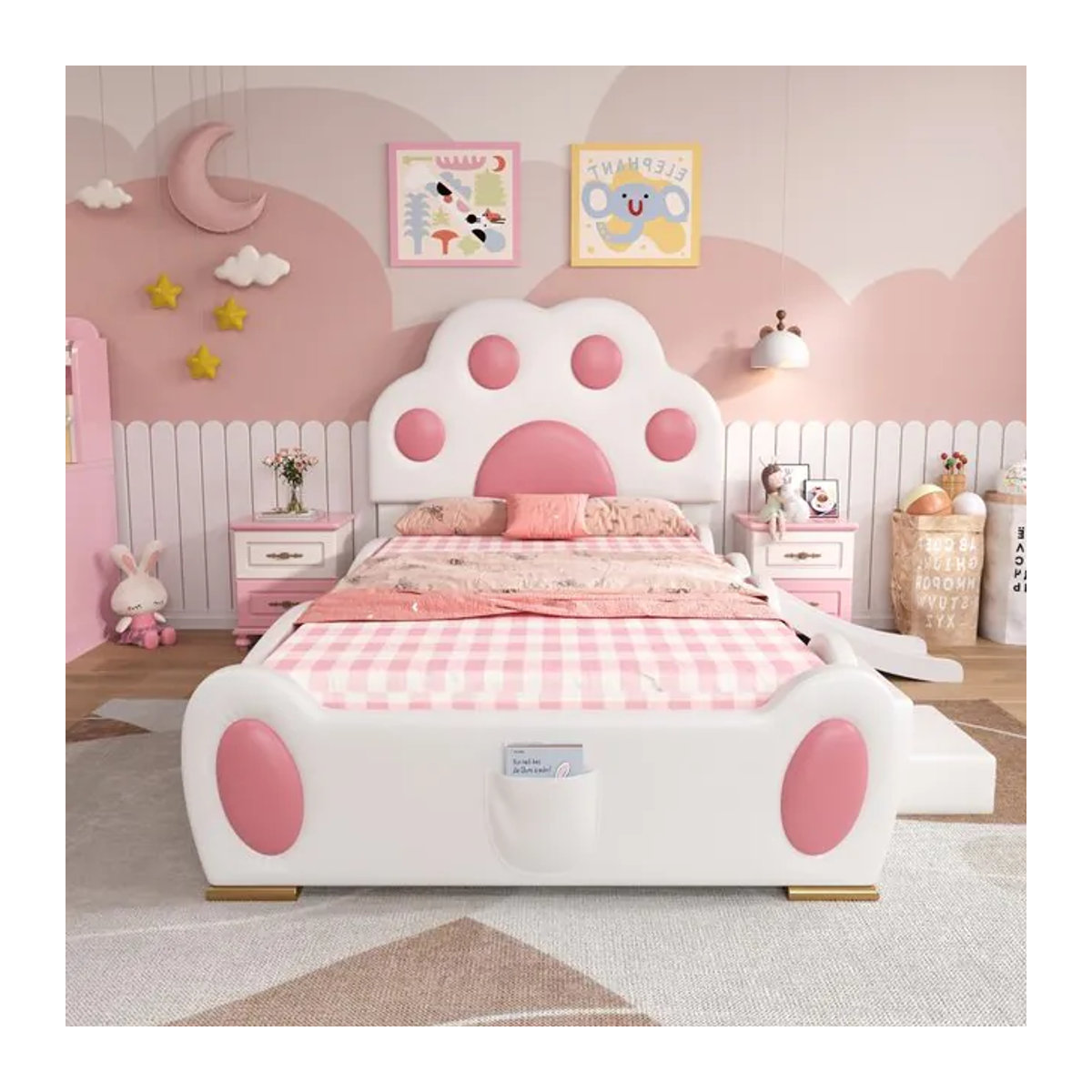 PINGGO Kinderbett Einzelbett mit Rutsche und Leiter, Polsterbett im Katzenfüße-Design aus Kunstleder, Weiß Rosa, B: 90 cm, L: 200 cm - Bild 1
