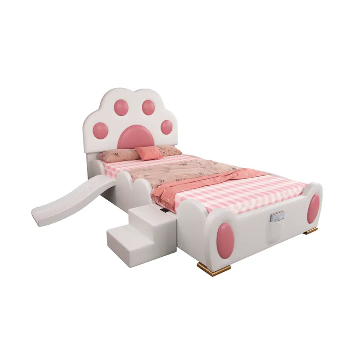 PINGGO Kinderbett Einzelbett mit Rutsche und Leiter, Polsterbett im Katzenfüße-Design aus Kunstleder, Weiß Rosa, B: 90 cm, L: 200 cm - Bild 2