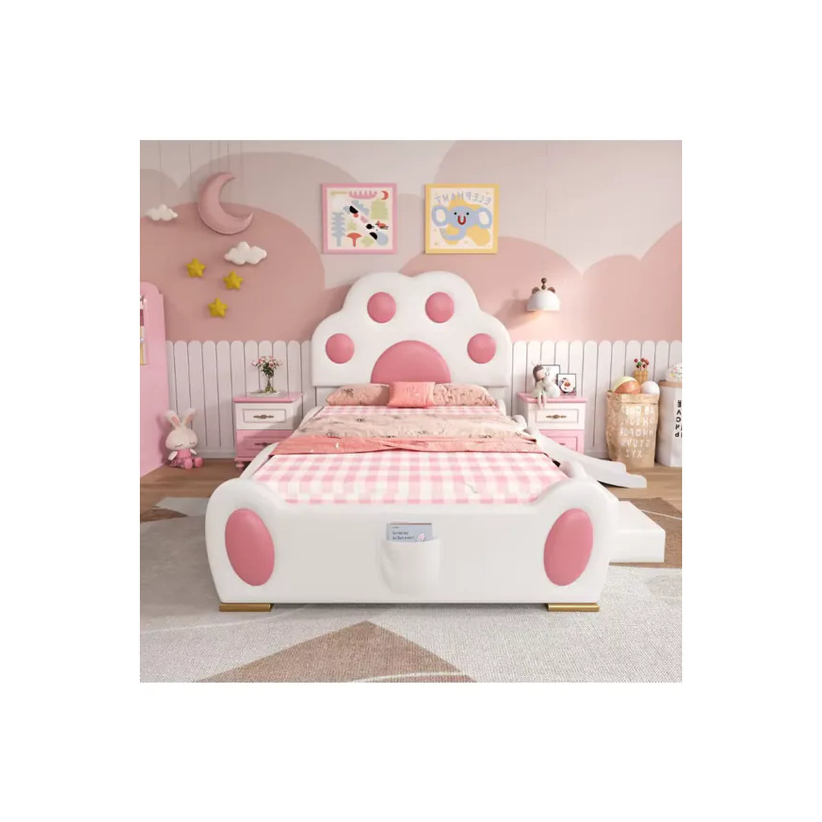 PINGGO Kinderbett Einzelbett mit Rutsche und Leiter, Polsterbett im Katzenfüße-Design aus Kunstleder, Weiß Rosa, B: 90 cm, L: 200 cm - Bild 3