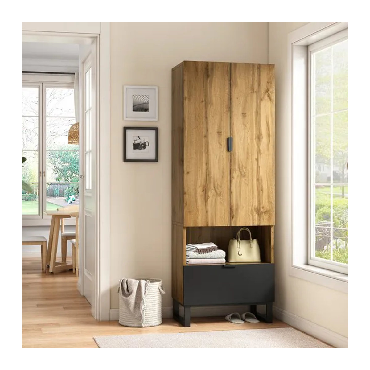 PINGGO Kleiderschrank in Braun im Industrial Design mit Drehtüren, einer Schublade, verstellbaren Einlegeböden und Kleiderstange - Bild 1