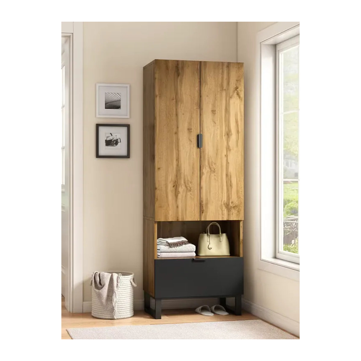 PINGGO Kleiderschrank in Braun im Industrial Design mit Drehtüren, einer Schublade, verstellbaren Einlegeböden und Kleiderstange - Bild 3